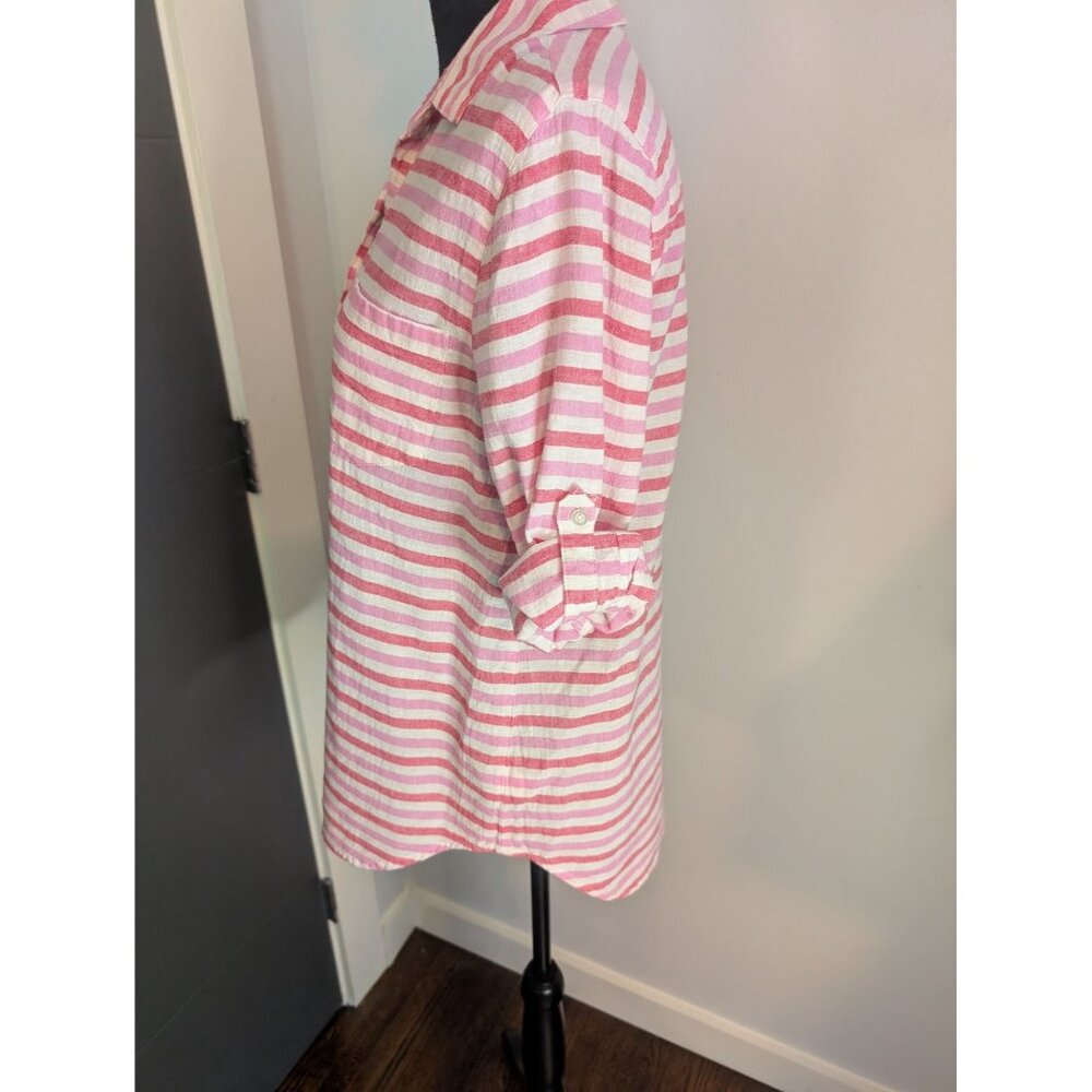 Gap Pink and White Striped Linen Cotton Blend Popover Top w/ Roll Tab Sleeves: S - Picture 4 of 11
